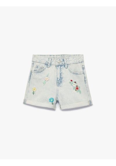 Koton Çiçek Nakışlı Cepli Pamuklu Denim Şort Lıght Indıgo 6skg40106ad Açık Mavi