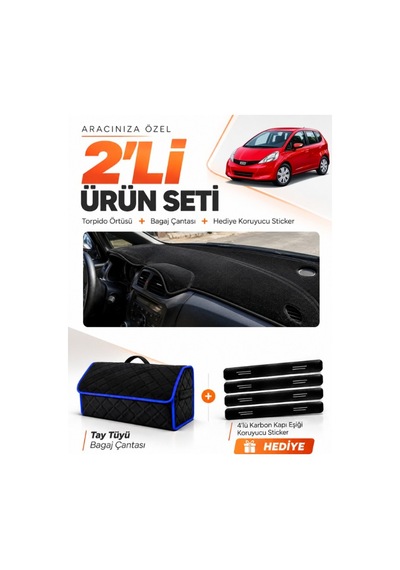 Honda Jazz 2009-2013 Uyumlu Torpido Örtüsü + Tay Tüyü Bagaj Çantası + Sticker Seti - Siyah Mavi