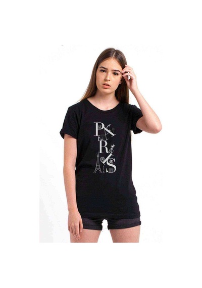 Paris Eiffel Tower Baskılı Siyah Kadın Tshirt