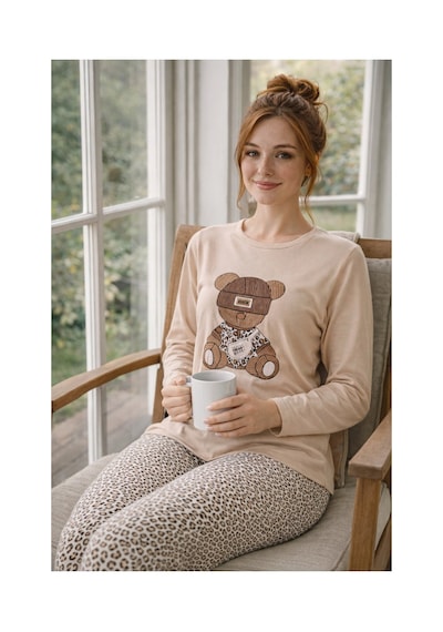 Rindahomewear Kadın Ayıcık Baskılı Süprem Uzun Kol Pijama Takımı Bej