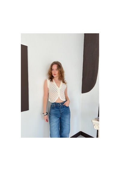 Verymoda Şık Ajurlu Kısa Yelek S1006003 Krem