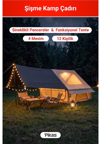 Rovos 6 Kişilik Şişme Kamp Çadırı, 4 Mevsim Su Geçirmez Oxford Kumaş, Tenteli Ve Sineklikli Pencere, Kolay Kurulum Lüks Aile Çadırı 300x210x200 Cm, 6.3 M² Bej