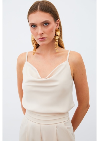 Sateen Degaje Yaka Saten Bluz - Bej-133348 Bej