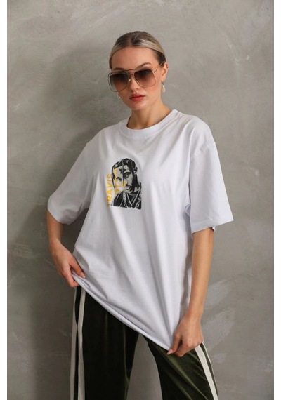 Kadın Baskılı T-shirt Kısa Kol Bisiklet Yaka Oversize Rahat Kalıp Günlük Tişört - Beyaz