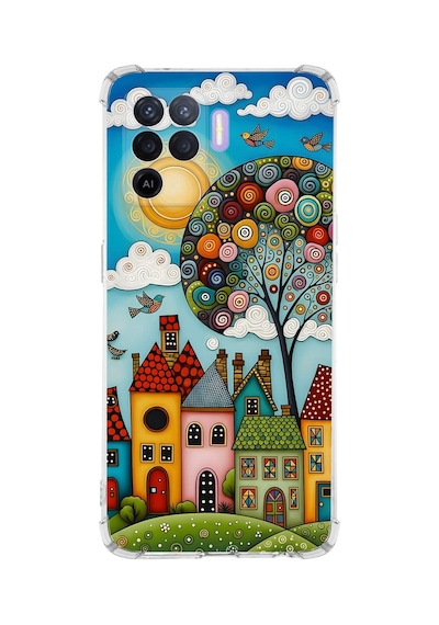 Printify Oppo Reno5 Lite İle Uyumlu Düşlerin Dansı Serisi Gökyüzü Şehri Tasarımlı Uv Baskılı Köşe Korumalı Antişok Kılıf Şeffaf