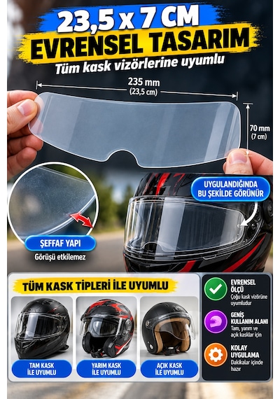 Motosiklet Kask Vizörü Yağmur Kaydırıcı Buğu Önleyici Şeffaf Film 23,5x7 Cm Evrensel Pratik Uygulama
