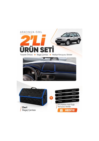 Subaru Forester 1997-2002 Uyumlu Torpido Örtüsü + Deri Bagaj Çantası + Sticker Seti - Siyah Mavi