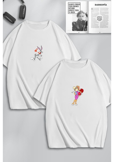 Unisex Kadın Erkek Bugs Bunny Ve Lola Baskılı Sevgili Çift Kombini Tasarım Oversize Tshirt 2'li Beyaz1 Mck0116 Beyaz