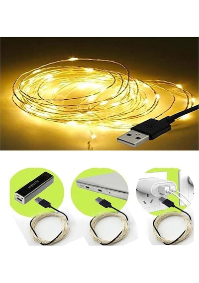 Sarı Renk 10 Metre Usbli Tel Peri Led Ip Dekoratif Süs Işık Yılbaşı Süsü