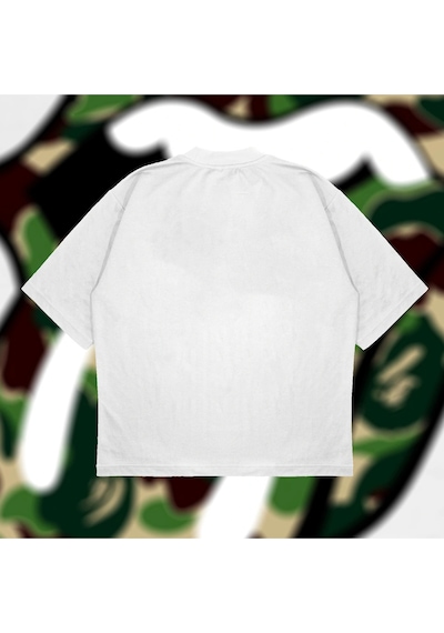 Tarzsokak A Bathing Ape X Rolling Stones Green Boxy Fit Oversize Unisex Tshirt Baskılı Tiş Beyaz