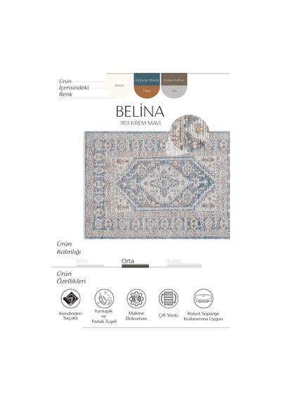 Cool Halı Belina Krem Mavi Salon Halısı Etnik Vintage Klasik Göbekli Bukle Salon Oturma Odası Halısı