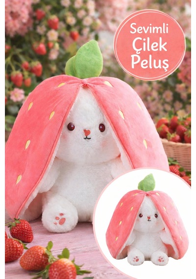 Pembe Çilek Tavşan Peluş Oyuncak 35 Cm Dönüşebilen Çilek Tavşan Yumuşak Peluş Çocuk Hediyesi Diğer