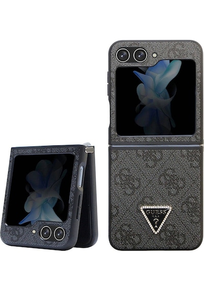 Galaxy Z Flip 5 Uyumlu Kılıf Guess Lisanslı Pu Deri Taşlı Üçgen Logo 4g Desenli Strass Siyah