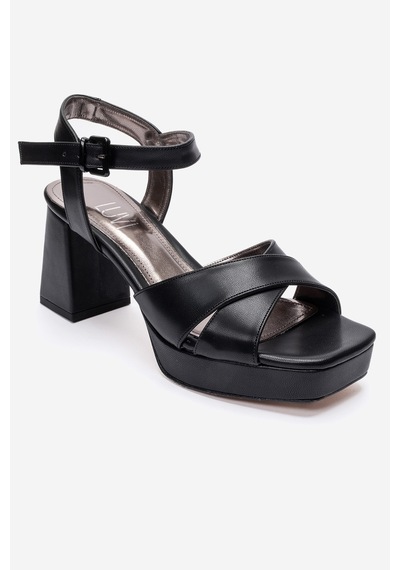 Luvishoes Lisbon Siyah Cilt Çapraz Bantlı Kadın Platform Topuklu Ayakkabı