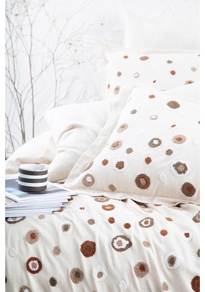 Ecocotton Lal Çift Kişilik Nevresim Takımı %100 Pamuk Keten Panç Nakışlı Bej 200x220 Cm-1527 Bej
