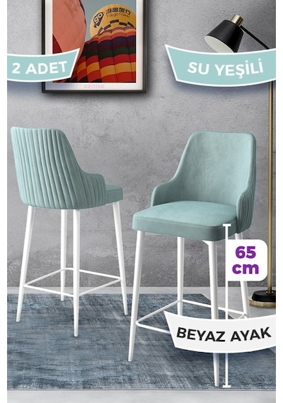 Canisa Tera Serisi 2 Su Yeşili Sandalye 65 Cm Ada Mutfak Bar Sandalyesi Babyface Kumaş Beyaz Metal Ayaklı Sandalyeler Su Yeşili Ayaklar Beyaz