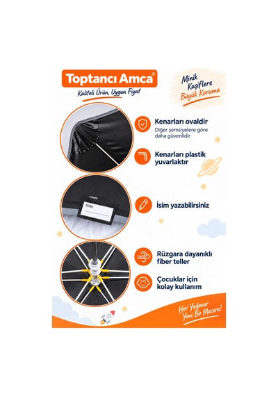 Toptancı Amca Çocuk Şemsiyesi 6 Gen 93 Cm Ayıcık Desenli Fosforlu Kenarlı Upk Bordürlü Su Geçirmez Çocuk Şemsiyesi Mavi