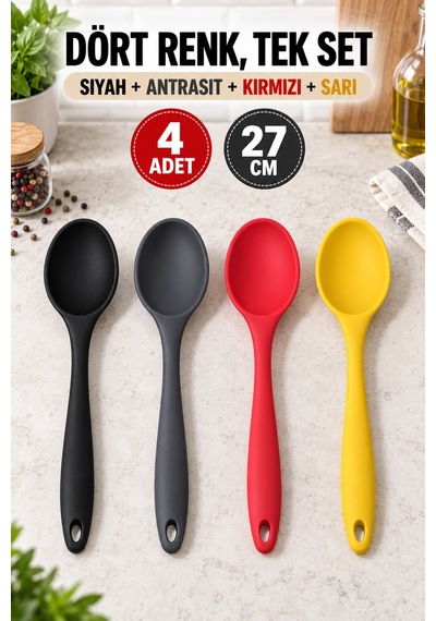4'lü Set Siyah Antrasit Kırmızı Sarı, Büyük Boy Silikon Kaşık 27 Cm, Yemek Pişirme Ve Servis Kaşığı.