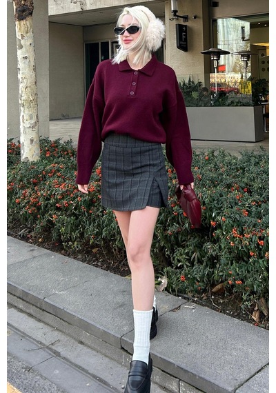 Madmext Bordo Düğmeli Polo Yaka Kadın Kazak Mg2307 Bordo