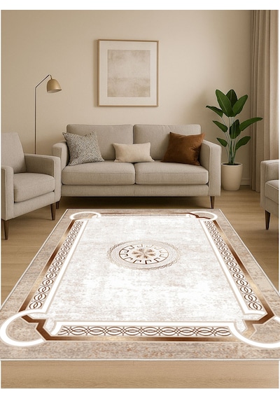 STY Home Krem Dijital Baskı Salon Halısı Kaymaz Tabanlı Yıkanabilir Halı Yolluk 535 Krem