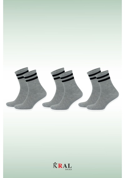 Kral Socks Erkek Kadın 3 Çift Çizgili Kolej Tenis Çorabı Pamuklu Terletmez Çorap Gri