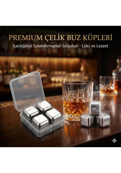 4'lü Çelik Metal Kaplama Viski Taşı Soğutma Buz Küpü Ahşap - Şeffaf