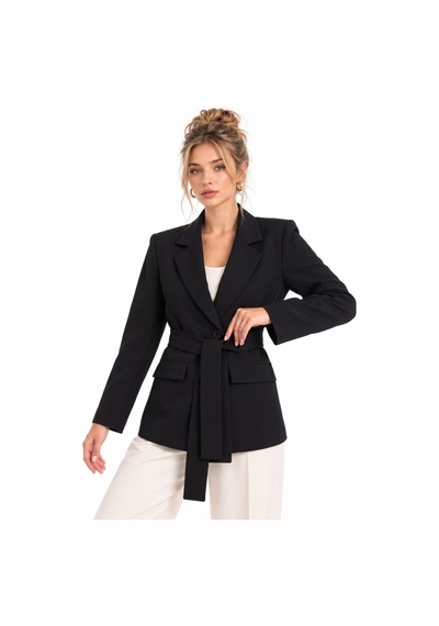 Saade Siyah Kadın Tek Düğmeli Dokuma Kruvaze Blazer Ceket - Kuşaklı
