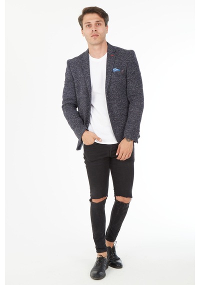 Sposo 5113 Dar Kalıp Karyağdı Desen Lacivert Erkek Blazer Ceket Lacivert