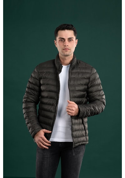 Fbı Slimfit Dik Yaka Fermuarlı Erkek İnce Şişme Puffer Mont Yeşil