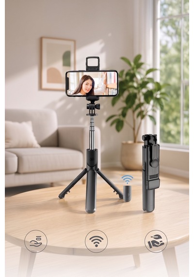 Tripod Çok Amaçlı Kumandalı Kablosuz Selfie Çubuğu Siyah