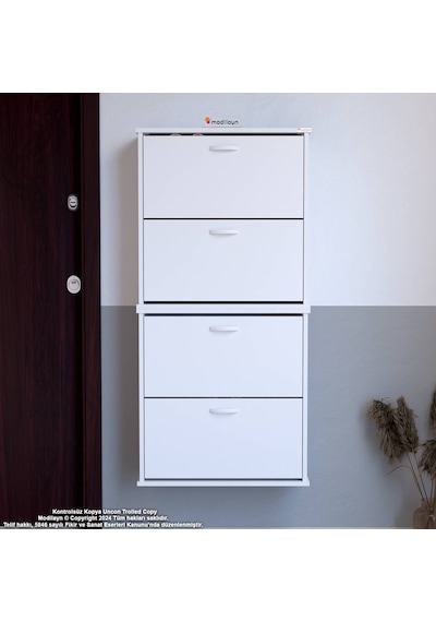 Modilayn Umay Asma Kapı Önü 52 X 148 X 25,5 Cm Lik 4 Düşer Kapak 8 Göz Raf Bölmeli Ayakkabılık Beyaz