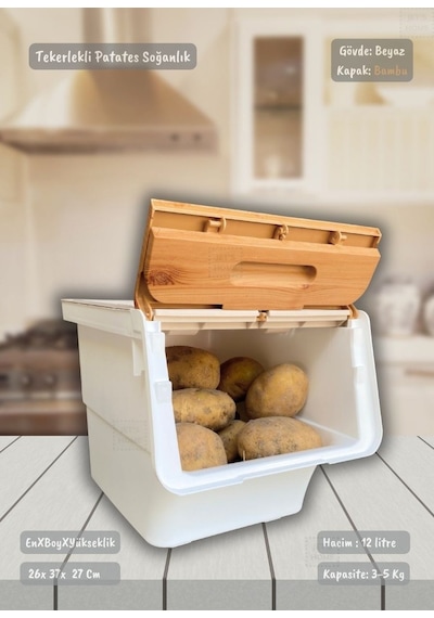 Tekli Bambu-beyaz Tekerlekli Patateslik Soğanlık Oyuncak Kutusu Patates Soğan Sepeti Sebzelik 12 Lt Bambu-beyaz
