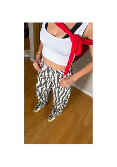 Jenerik Zebra Desenli Bol Paça Yüksek Bel Kot Pantolon Çok Renkli