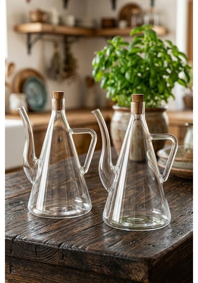 Atbyhome 2'li Isıya Dayanıklı Borosilikat Cam 500 Ml Mantar Tıpa Yağlık Sirkelik Şeffaf