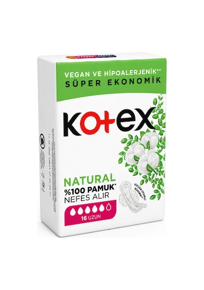 Kotex Ultra Natural Uzun Ped 16'lı X 2 Paket Toplam 32 Ped %100 Pamuk, Vegan Ve Hipoalerjenik