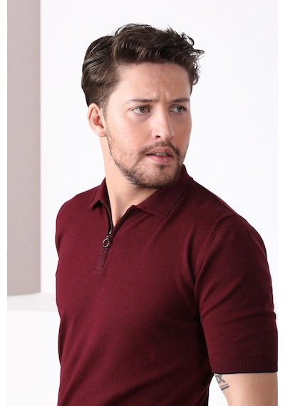 Ferraro Bordo Polo Yaka Fermuarlı Erkek Pamuk Triko T-Shirt-Bordo (417942847) Bordo
