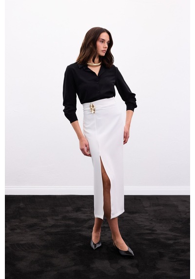 Sateen Gold Yan Aksesuarlı Etek - Ekru-136886 Ekru