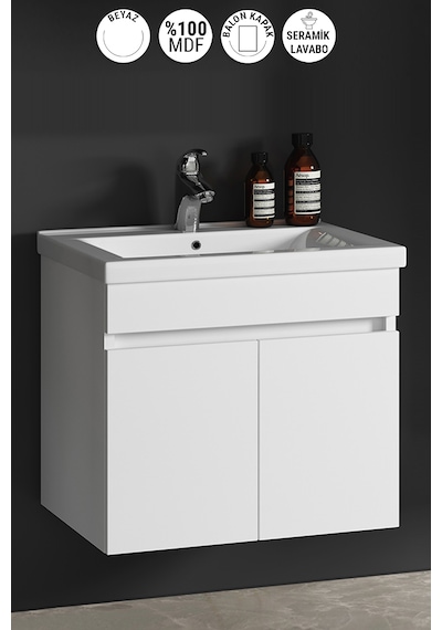 Çiğdem 55 Cm Beyaz Balon Mdf Seramik Lavabolu Asma Banyo Alt Dolabı Beyaz
