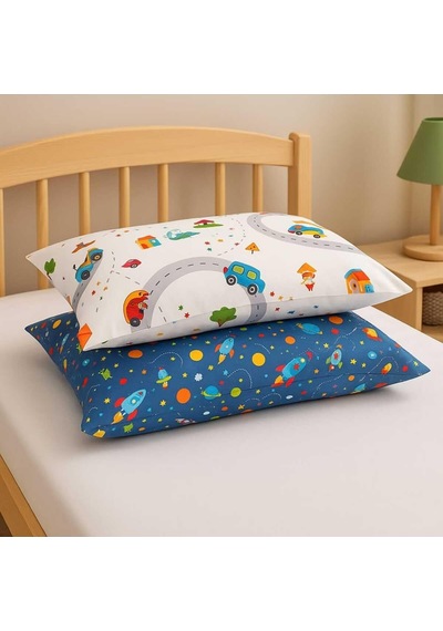 Bebek Özel %100 Pamuklu Çocuk Yastık Kılıfı 50x70 CM 2 Adet Trafik - Mavi Galaksi Desenli