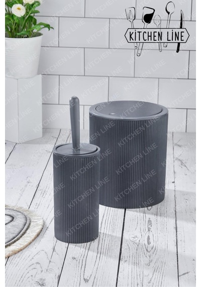 Yuvarlak Çöp Kovası & Yuvarlak Tuvalet Fırçası Seti Ikili Banyo Seti Koyu Gri Gri