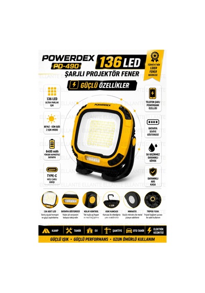 136 Led Şarjlı Projektör Fener 6400 Mah Type-c Usb Powerbank Özellikli Su Geçirmez Mıknatıslı Kamp Ş Çok Renkli