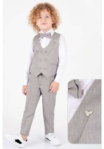 Mnk Baby & Kids Erkek Çocuk 6 Düğme Yelekli Özel Gün Takım Elbise M00834 Gri