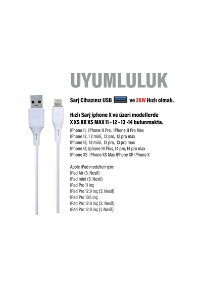 Apple Uyumlu iPhone Hızlı Şarj Kablosu 20w 3 4a Usb