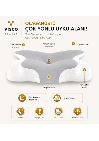 Visco Planet Ortopedik Visco Boyun Yastığı Memory Foam Boyun Destekli Ergonomik Uyku Yastığı 62x42x13/10 Cm Genel