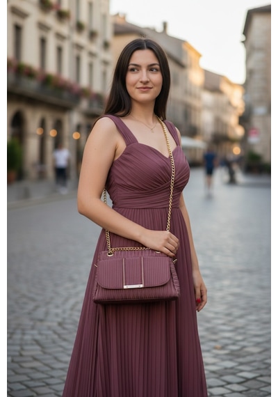 Kadın Piliseli Omuz Çantası Altın Zincir Askılı Şık El Ve Kol Çantası Mürdüm Bordo /antrasit Füme