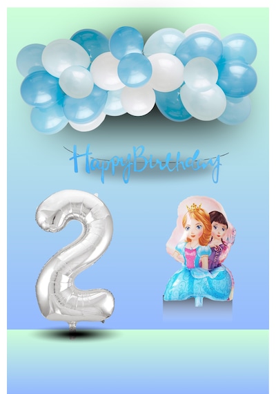 2 Yaş Frozen Tema İkili Prenses Folyo Balon Mavi Beyaz Balon Gümüş Rakam Mavi Banner Doğum Günü Seti Çok Renkli