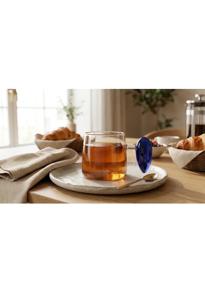 Damla Kulplu Cam Bardak Renkli Cam Kulplu Modern Kahve Ve Çay Bardağı Mavi Mt-112