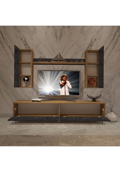 Decoraktiv Eko 5d Mdf Std Krom Ayaklı Tv Ünitesi Tv Sehpası Pera - Siyah Mermer