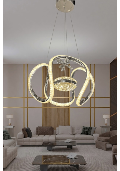 Dünya Eliza Simli Slikonlu Tek Toplu Modern Oturma Led Avizesi - Kumandalı / Krom Krom