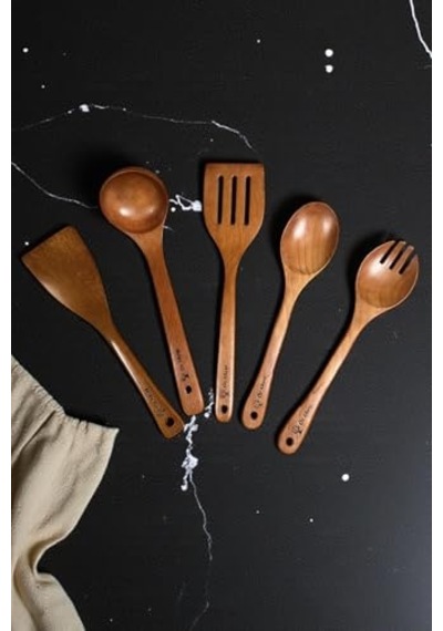5 Parça ' Pro ' Bambu Teak Ağacı Ahşap Kaşık Tahta Kaşık Mutfak Seti Temizlemesi Kolay Mat Parlak Yüzey
